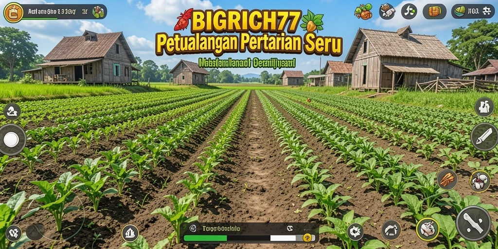 Screenshot gameplay BIGRICH77 menampilkan aktivitas seru di lahan pertanian.