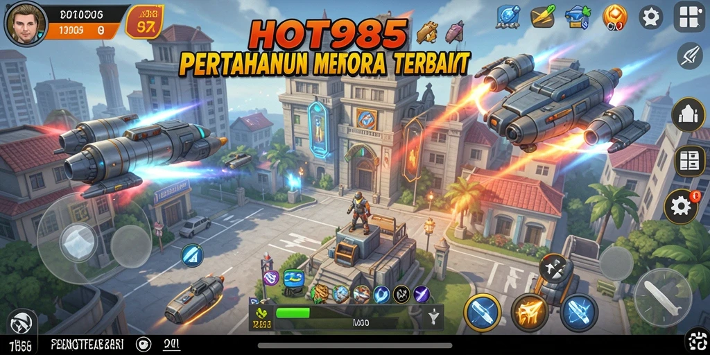 Screenshot gameplay HOT985 menampilkan aksi menara pertahanan melawan gelombang musuh.