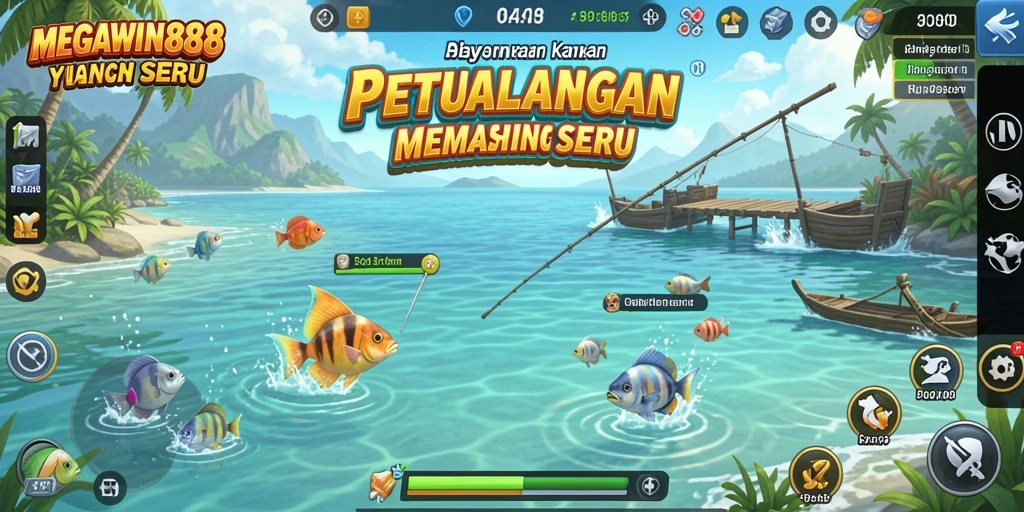 Tampilan gameplay seru dengan berbagai ikan dan lokasi memancing menarik.